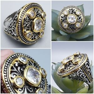 Large Silver & Gold Round Dome w/ Bezel set Crystal 18kge